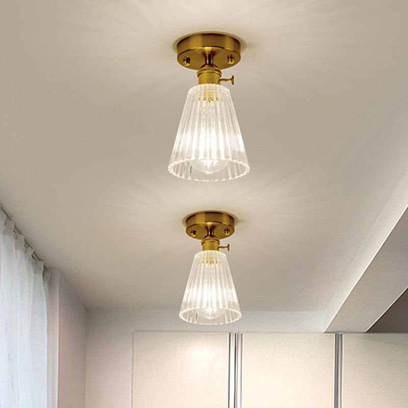 Clear Glass Single Light Gold Semi Flush Industrial Ceiling Lighting - Cone/Cylinder/Bell Corridor /