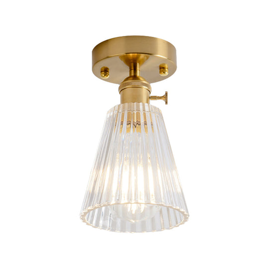 Clear Glass Single Light Gold Semi Flush Industrial Ceiling Lighting - Cone/Cylinder/Bell Corridor