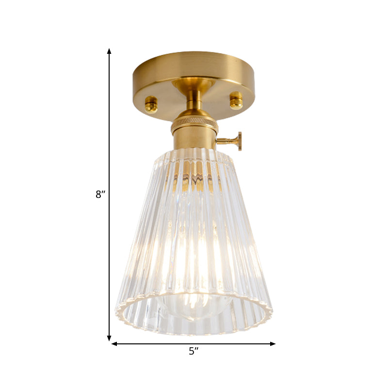 Clear Glass Single Light Gold Semi Flush Industrial Ceiling Lighting - Cone/Cylinder/Bell Corridor