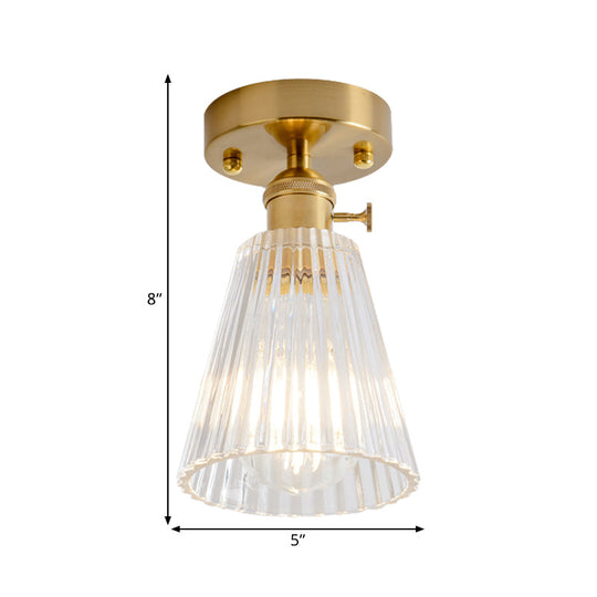 Clear Glass Single Light Gold Semi Flush Industrial Ceiling Lighting - Cone/Cylinder/Bell Corridor