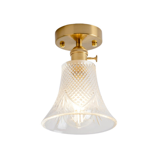 Clear Glass Single Light Gold Semi Flush Industrial Ceiling Lighting - Cone/Cylinder/Bell Corridor