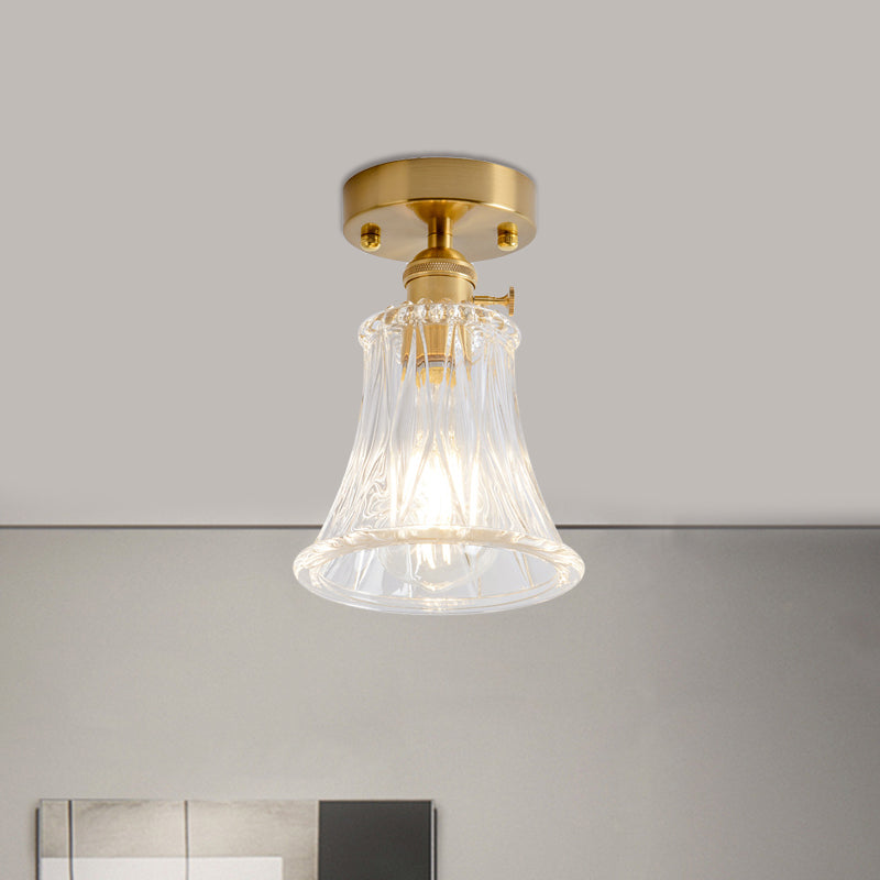Clear Glass Single Light Gold Semi Flush Industrial Ceiling Lighting - Cone/Cylinder/Bell Corridor