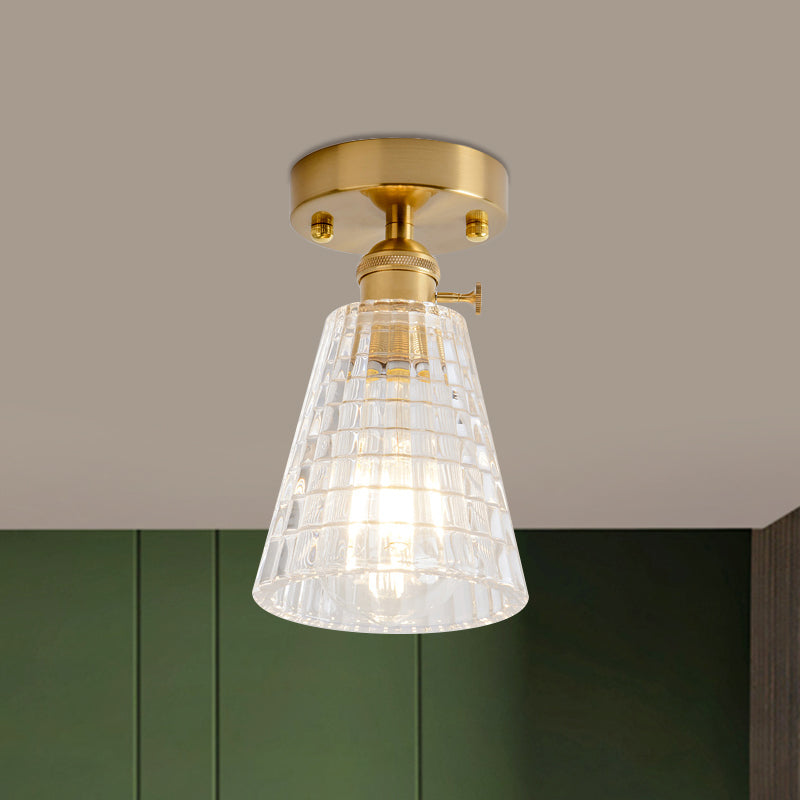 Clear Glass Single Light Gold Semi Flush Industrial Ceiling Lighting - Cone/Cylinder/Bell Corridor /