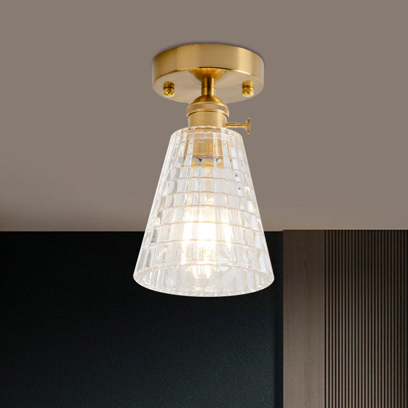 Clear Glass Single Light Gold Semi Flush Industrial Ceiling Lighting - Cone/Cylinder/Bell Corridor