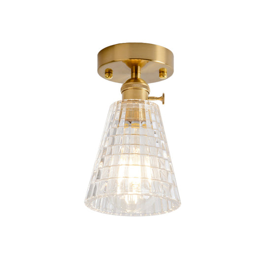 Clear Glass Single Light Gold Semi Flush Industrial Ceiling Lighting - Cone/Cylinder/Bell Corridor