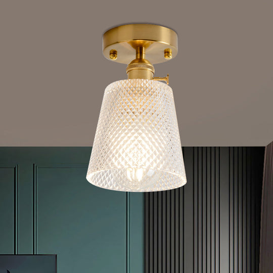 Clear Glass Single Light Gold Semi Flush Industrial Ceiling Lighting - Cone/Cylinder/Bell Corridor /
