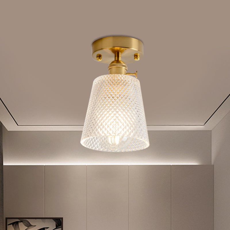 Clear Glass Single Light Gold Semi Flush Industrial Ceiling Lighting - Cone/Cylinder/Bell Corridor