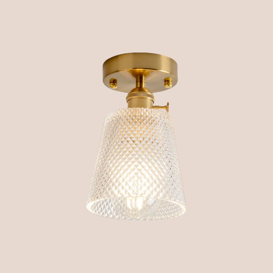 Clear Glass Single Light Gold Semi Flush Industrial Ceiling Lighting - Cone/Cylinder/Bell Corridor