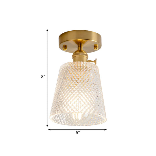 Clear Glass Single Light Gold Semi Flush Industrial Ceiling Lighting - Cone/Cylinder/Bell Corridor