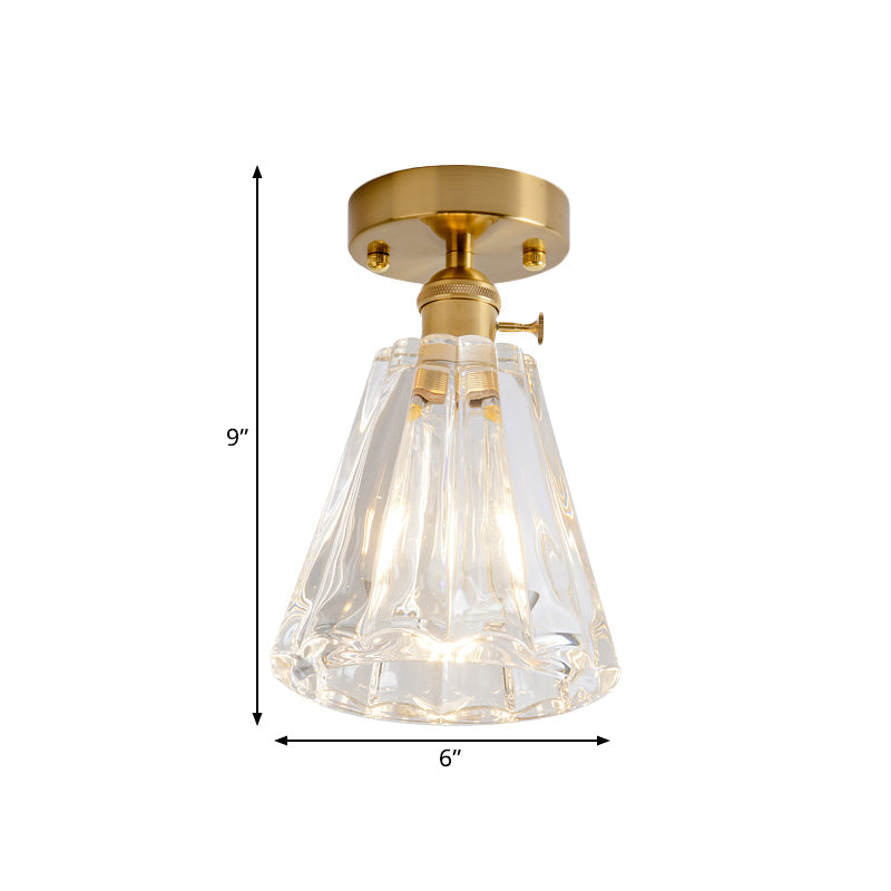 Clear Glass Single Light Gold Semi Flush Industrial Ceiling Lighting - Cone/Cylinder/Bell Corridor