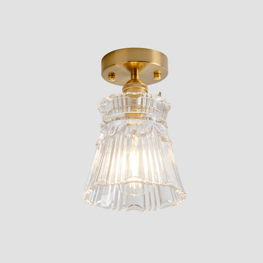 Clear Glass Single Light Gold Semi Flush Industrial Ceiling Lighting - Cone/Cylinder/Bell Corridor