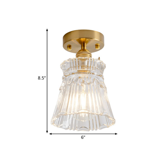 Clear Glass Single Light Gold Semi Flush Industrial Ceiling Lighting - Cone/Cylinder/Bell Corridor