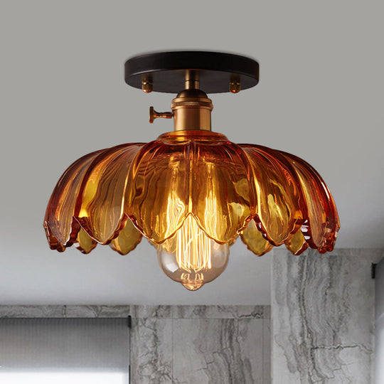 Industrial Prismatic Glass Semi - Flush Ceiling Light With Scalloped Design - White/Amber