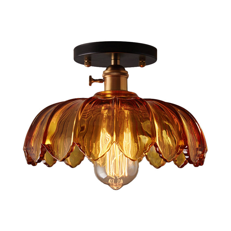 Industrial Prismatic Glass Semi - Flush Ceiling Light With Scalloped Design - White/Amber