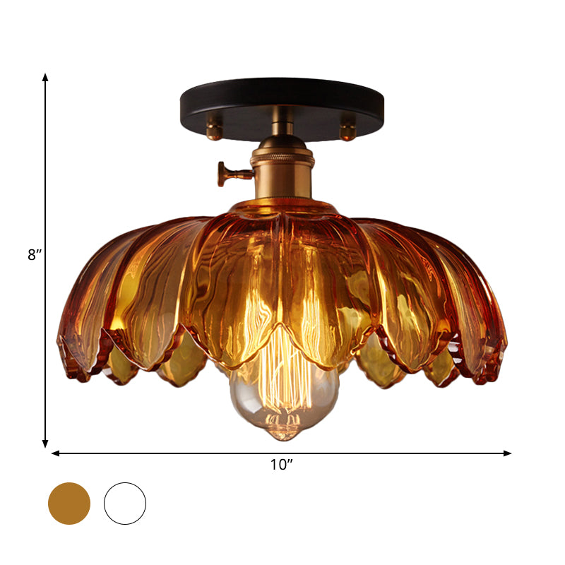 Industrial Prismatic Glass Semi - Flush Ceiling Light With Scalloped Design - White/Amber