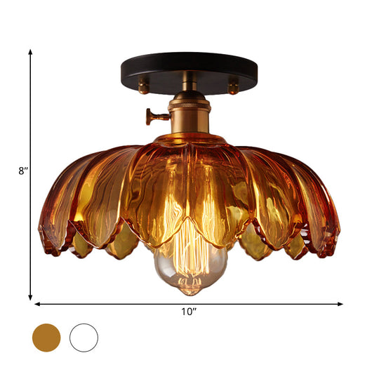 Industrial Prismatic Glass Semi - Flush Ceiling Light With Scalloped Design - White/Amber