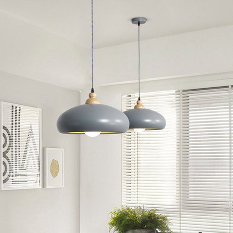 Stylish Macaron Pendant Light With Wooden Cap - Metal Fixture 1 Bulb Grey/Pink/Green