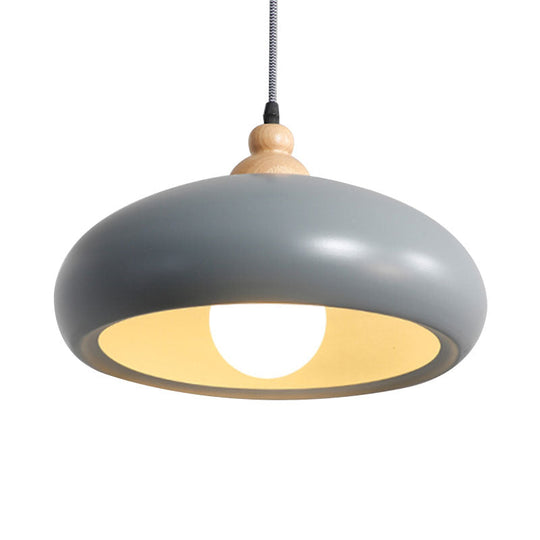 Stylish Macaron Pendant Light With Wooden Cap - Metal Fixture 1 Bulb Grey/Pink/Green