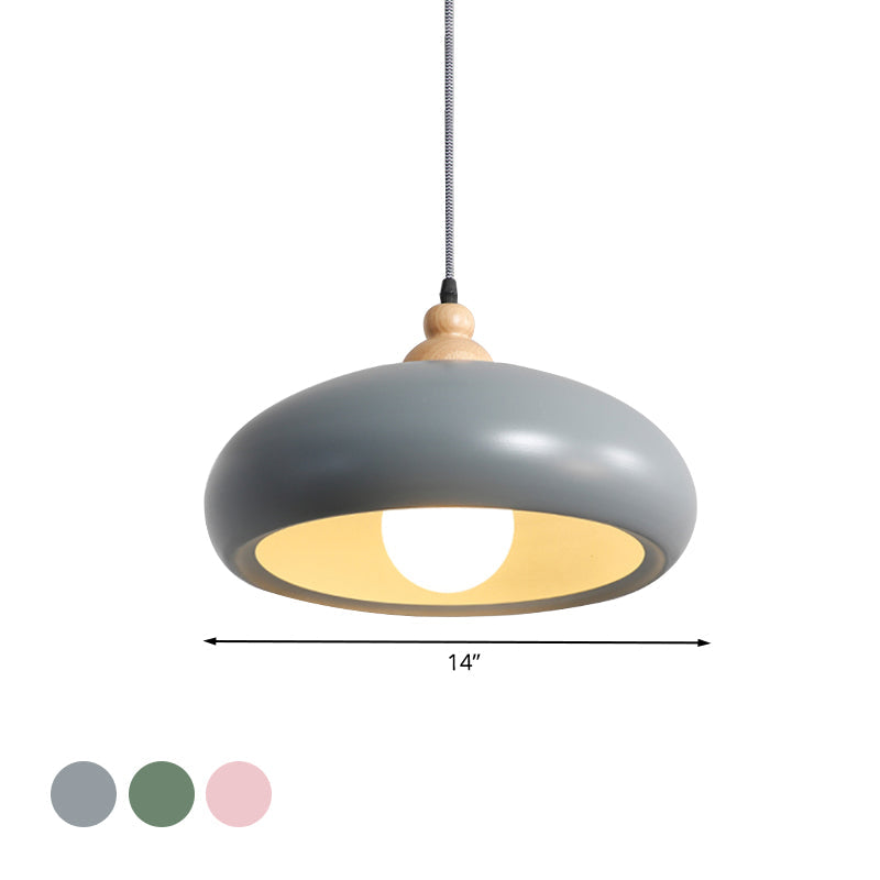 Stylish Macaron Pendant Light With Wooden Cap - Metal Fixture 1 Bulb Grey/Pink/Green