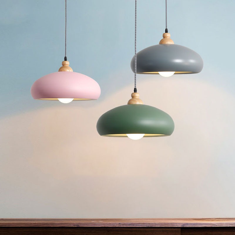 Stylish Macaron Pendant Light With Wooden Cap - Metal Fixture 1 Bulb Grey/Pink/Green Green