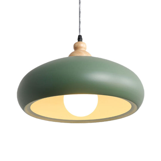 Stylish Macaron Bowl Pendant Light: Metal Hanging Fixture Single Bulb Wooden Cap (Grey/Pink/Green)