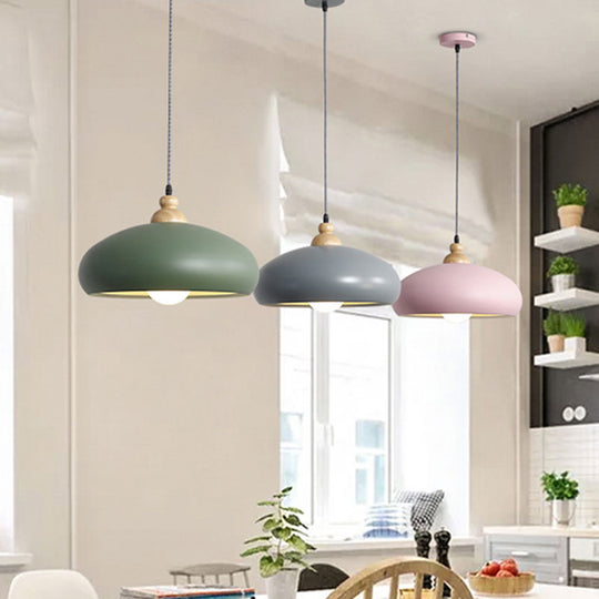Stylish Macaron Pendant Light With Wooden Cap - Metal Fixture 1 Bulb Grey/Pink/Green Pink