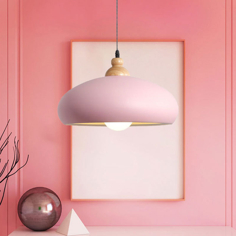 Stylish Macaron Pendant Light With Wooden Cap - Metal Fixture 1 Bulb Grey/Pink/Green
