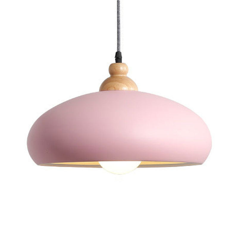 Stylish Macaron Bowl Pendant Light: Metal Hanging Fixture Single Bulb Wooden Cap (Grey/Pink/Green)