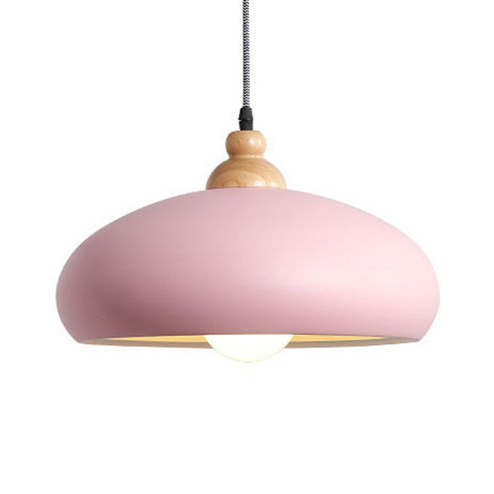 Stylish Macaron Bowl Pendant Light: Metal Hanging Fixture Single Bulb Wooden Cap (Grey/Pink/Green)
