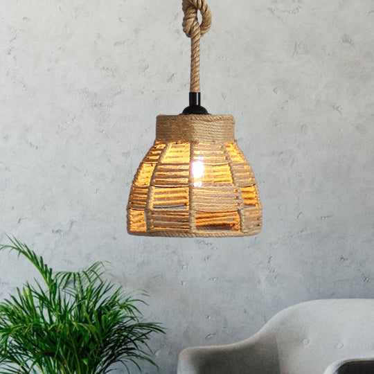 Vintage Industrial Beige Domed Pendant Lighting With Natural Rope - 1-Light Restaurant Hanging Lamp