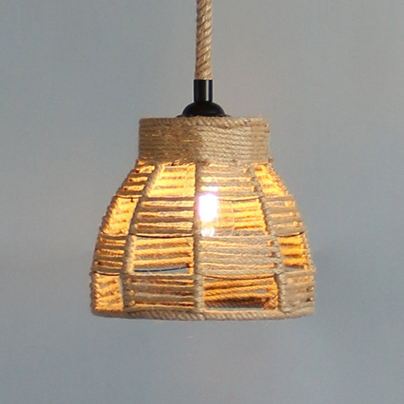 Vintage Industrial Beige Domed Pendant Lighting With Natural Rope - 1-Light Restaurant Hanging Lamp