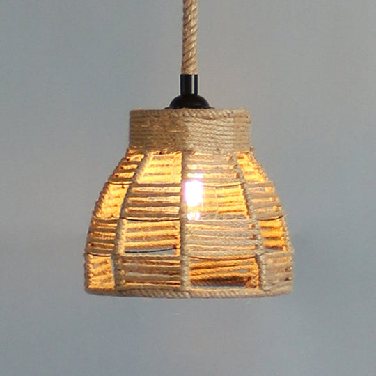 Vintage Industrial Beige Domed Pendant Lighting With Natural Rope - 1-Light Restaurant Hanging Lamp