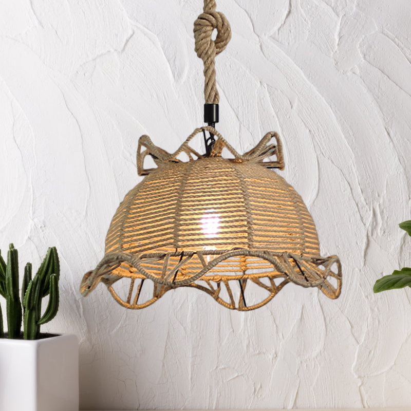 Vintage Industrial Beige Domed Pendant Lighting With Natural Rope - 1-Light Restaurant Hanging Lamp