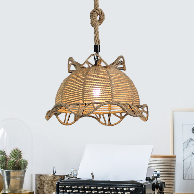 Vintage Industrial Beige Domed Pendant Lighting With Natural Rope - 1-Light Restaurant Hanging Lamp