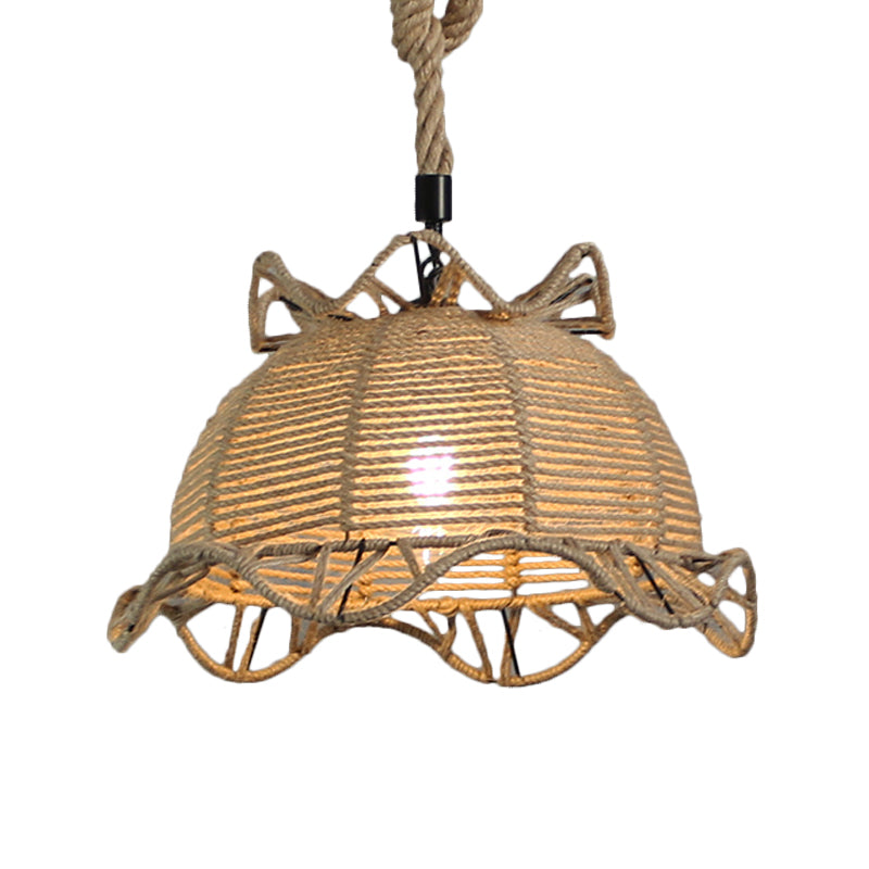 Vintage Industrial Beige Domed Pendant Lighting With Natural Rope - 1-Light Restaurant Hanging Lamp