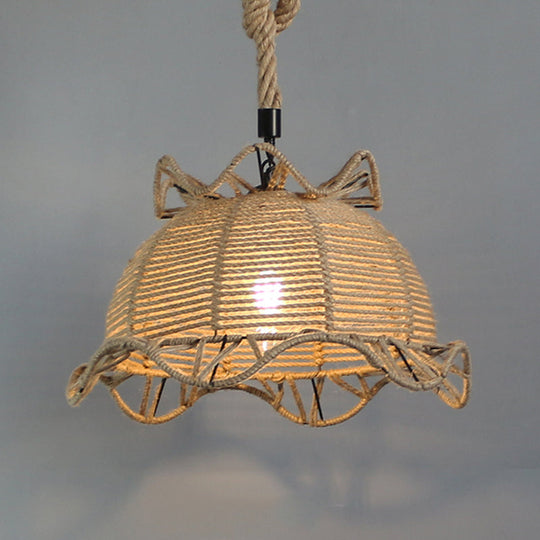 Vintage Industrial Beige Domed Pendant Lighting With Natural Rope - 1-Light Restaurant Hanging Lamp