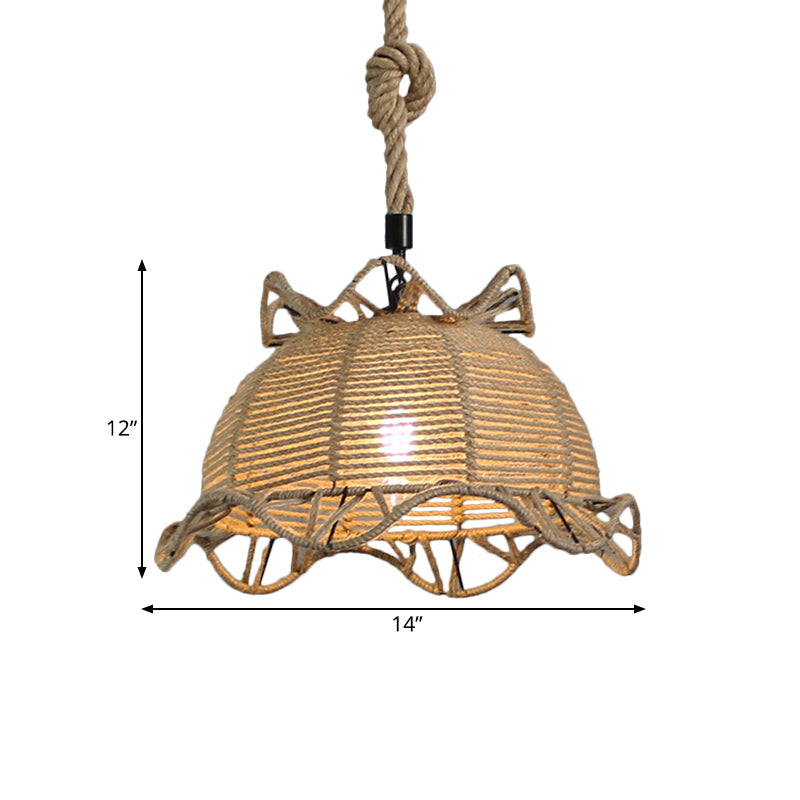 Vintage Industrial Beige Domed Pendant Lighting With Natural Rope - 1-Light Restaurant Hanging Lamp