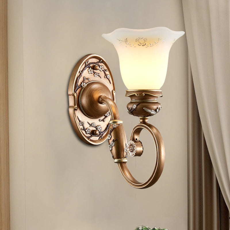 Retro Flower Shade Wall Sconce Lighting: 1/2-Light Brown Glass Mount Lamp 1 /