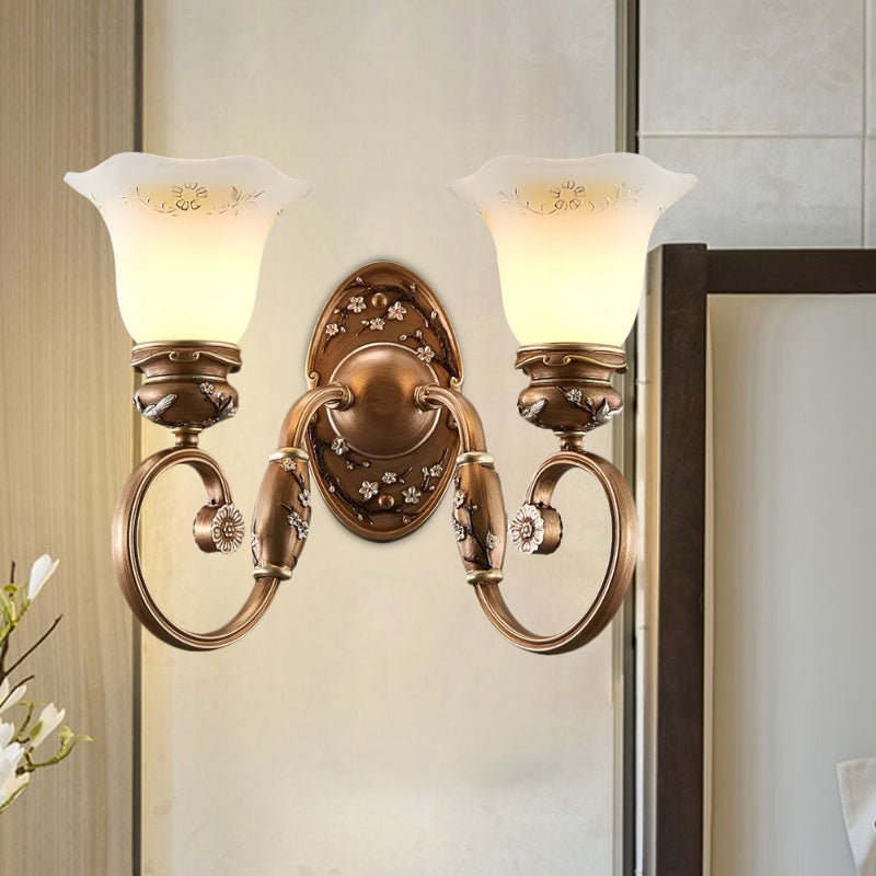 Retro Flower Shade Wall Sconce Lighting: 1/2-Light Brown Glass Mount Lamp