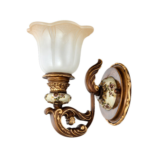 Traditional 1/2-Light Floral Wall Sconce With Cream Glass Shade - Brown Bedroom Lamp