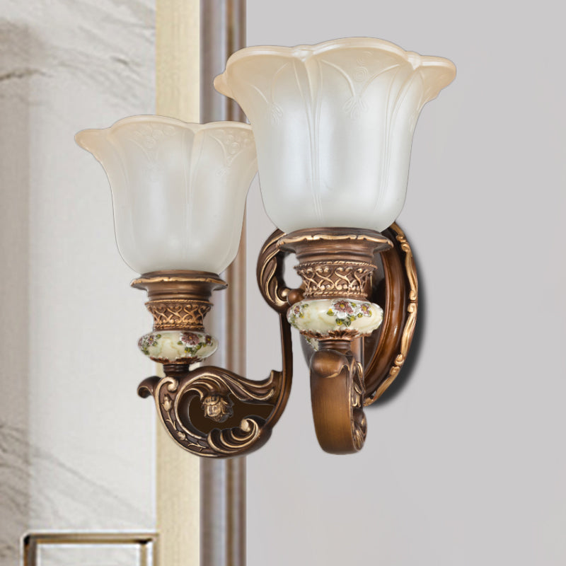 Traditional 1/2-Light Floral Wall Sconce With Cream Glass Shade - Brown Bedroom Lamp 2 /