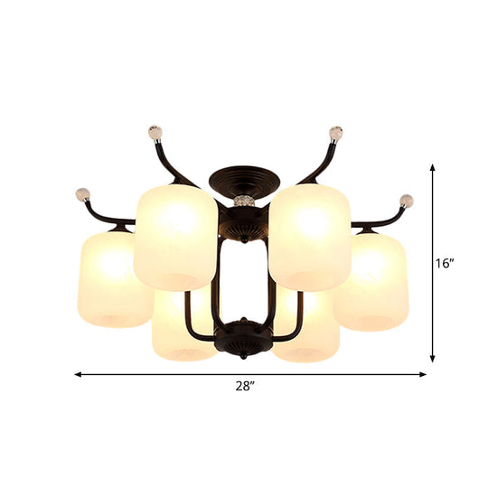 Retro Style Black Glass Chandelier With Cylindrical Cream Shade - 6/8 Heads Suspension Pendant