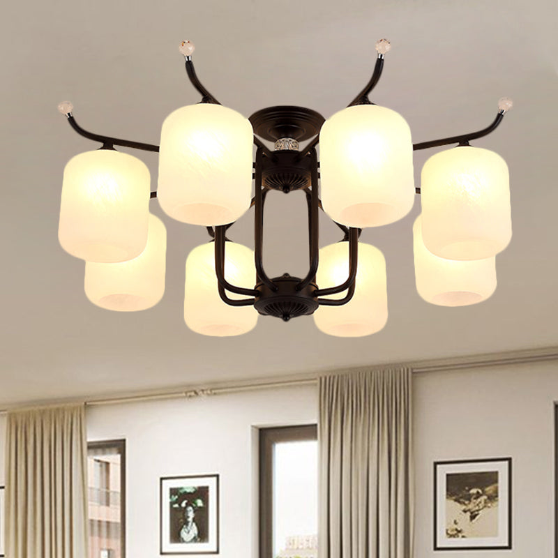 Retro Style Black Glass Chandelier With Cylindrical Cream Shade - 6/8 Heads Suspension Pendant