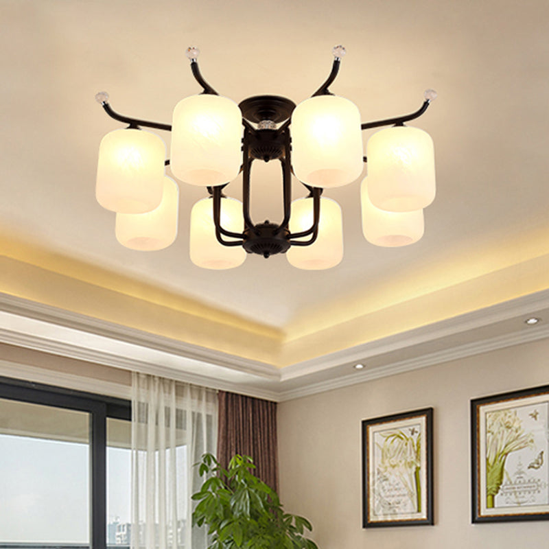 Retro Style Black Glass Chandelier With Cylindrical Cream Shade - 6/8 Heads Suspension Pendant