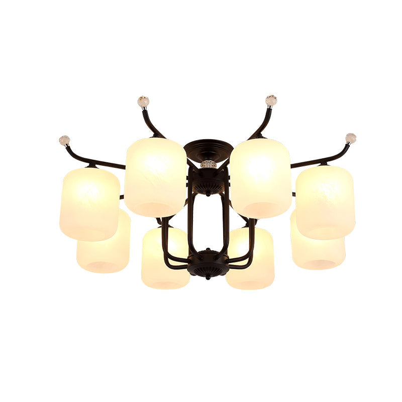 Retro Style Black Glass Chandelier With Cylindrical Cream Shade - 6/8 Heads Suspension Pendant