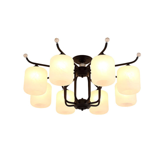 Retro Style Black Glass Chandelier With Cylindrical Cream Shade - 6/8 Heads Suspension Pendant