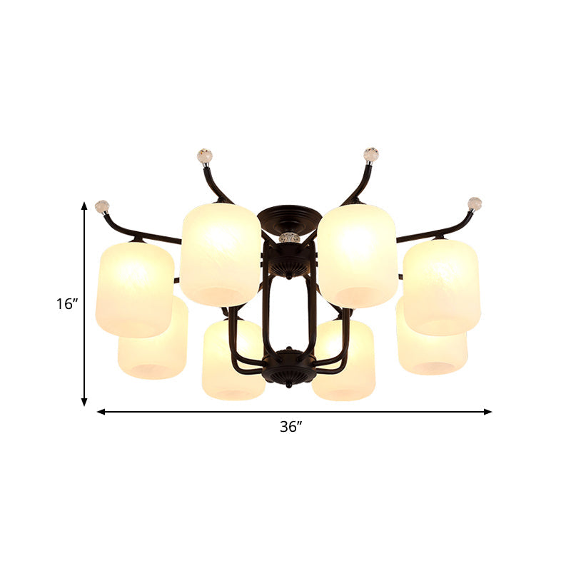 Retro Style Black Glass Chandelier With Cylindrical Cream Shade - 6/8 Heads Suspension Pendant