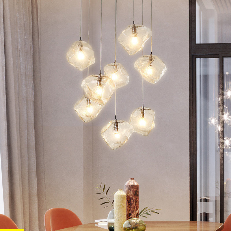 Contemporary Rock Clear Glass Cluster Pendant Light With Led White Lights - 5/6/8 Options