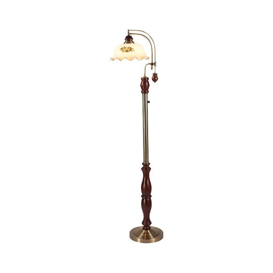 Traditional Style Cream Glass Floral Shade Floor Lamp With Wood Base In Brown