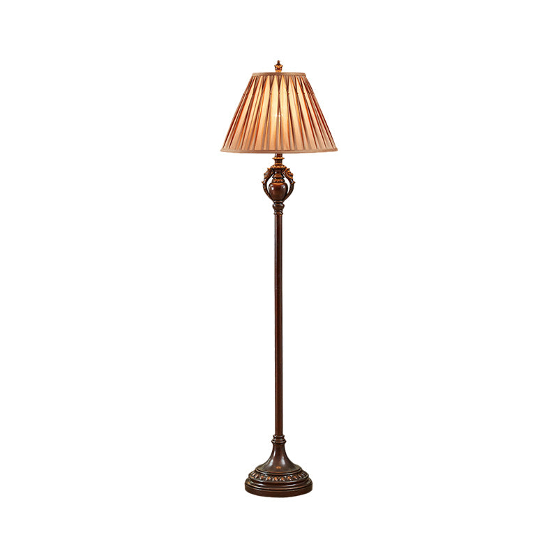 Retro Brown Pleated Tapered Fabric Floor Lamp For Living Room Reading - 1-Bulb Light